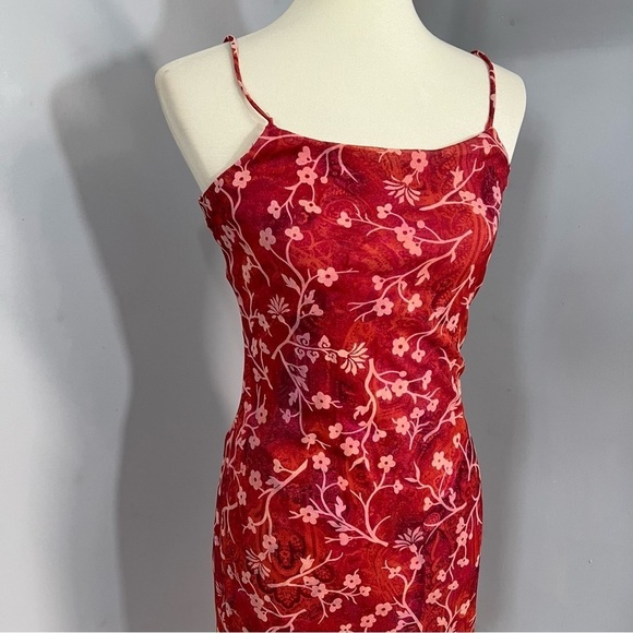 Vintage Y2K Spaghetti Strap Dress Beach Resort Asymmetric Red Ditsy Floral Midi - Picture 13 of 14